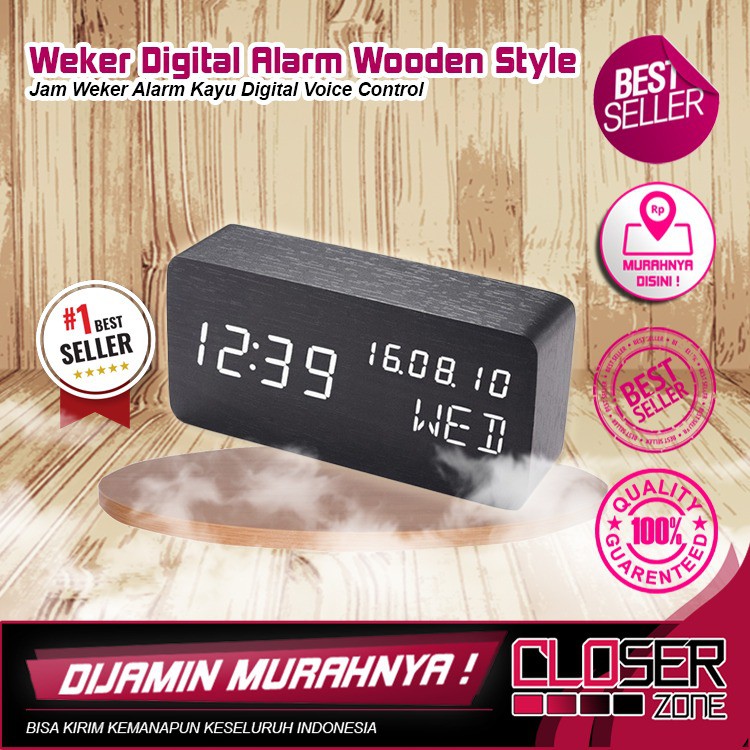 Jual Alarm Clock Wooden Style Classic LED With Voice Control Jam Weker