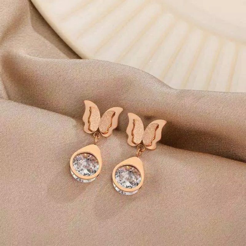 Jual GG Anting Tusuk Berlian Kupu Kupu Titanium Rose Gold AT 150