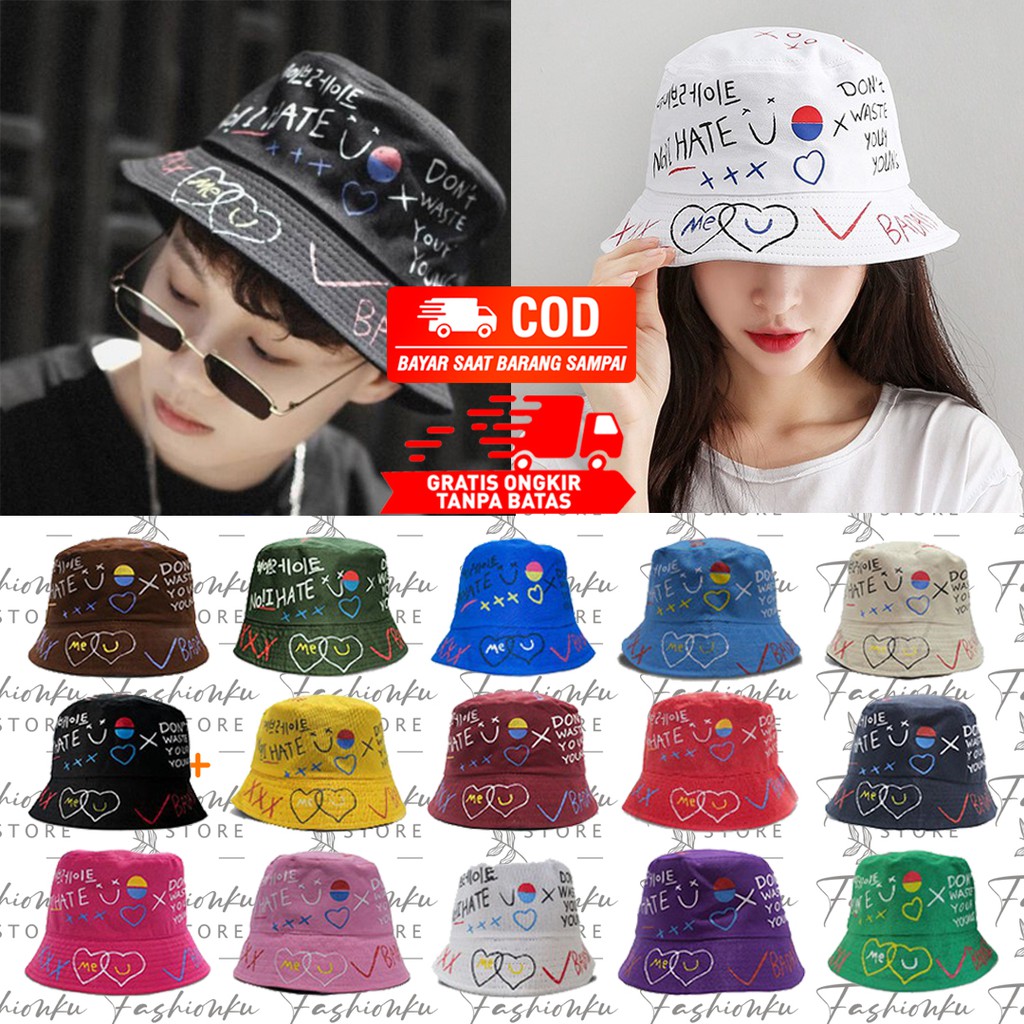 Jual Promo Topi Bucket Korea Trendy Sablon Badas Messed Up Murah