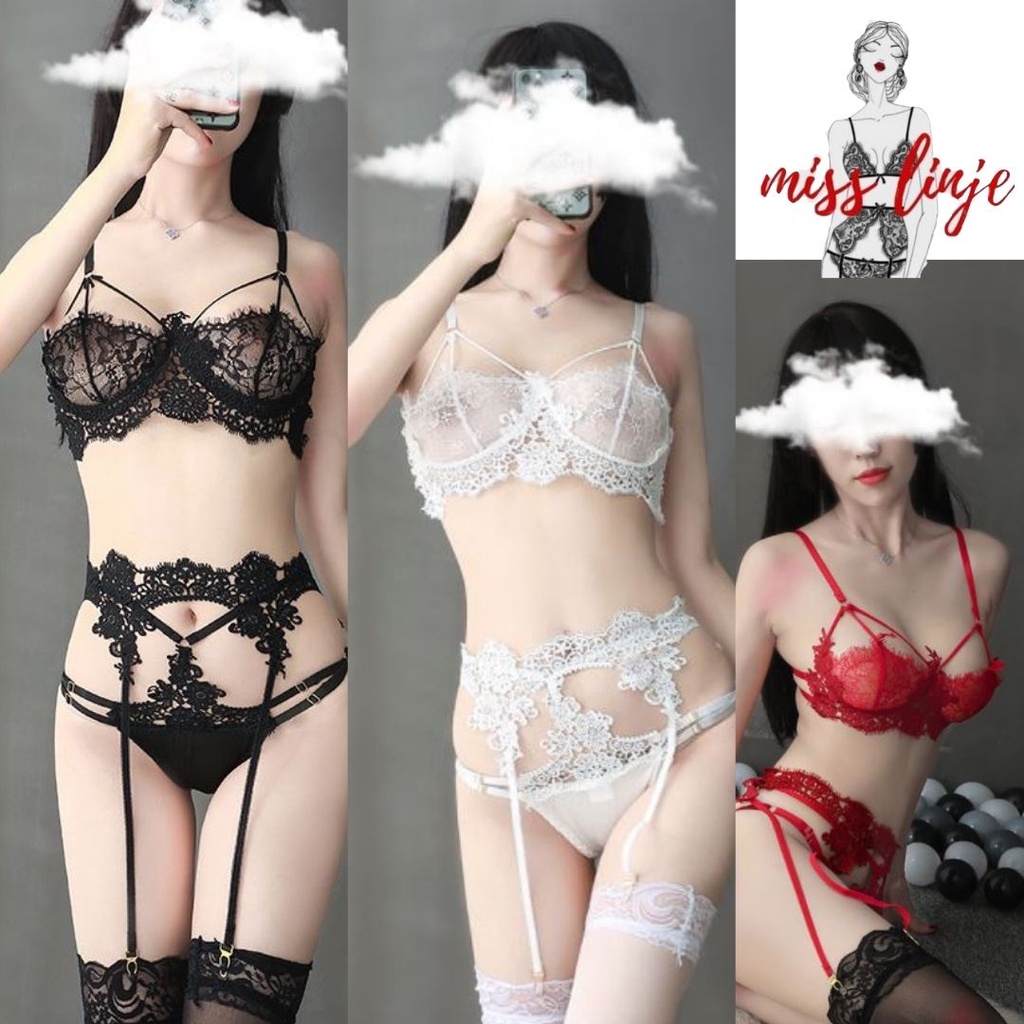 Jual Lingerie Bra Set Sexy Dapat Garter Gstring Stocking Set Lingerie