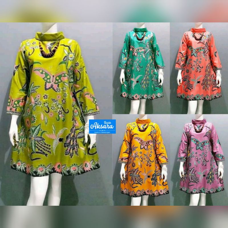 Jual Ori Aksara Batik Dress Batik Wanita Cantik Lengan Panjang Model