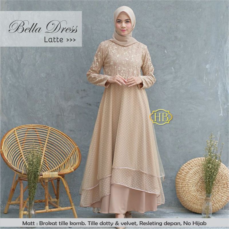 Jual Bella Dress Gamis Muslimah Brokat Tille Dotty Nude Grey Rose Gaun