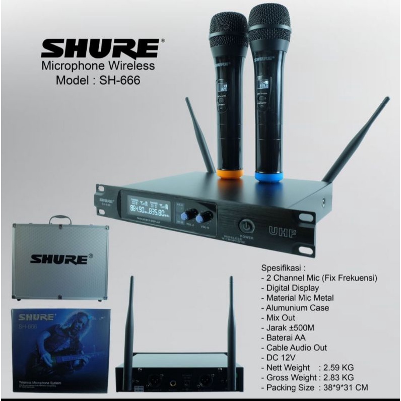 Jual Mic Wireless SHURE SH666 Werles Mikropon Wirles Mikrofon 2 Mik