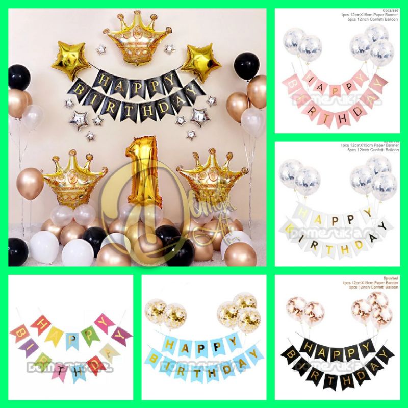 Jual Banner Happy Birthday Polos Tulisan Gold Bunting Flag Ulang