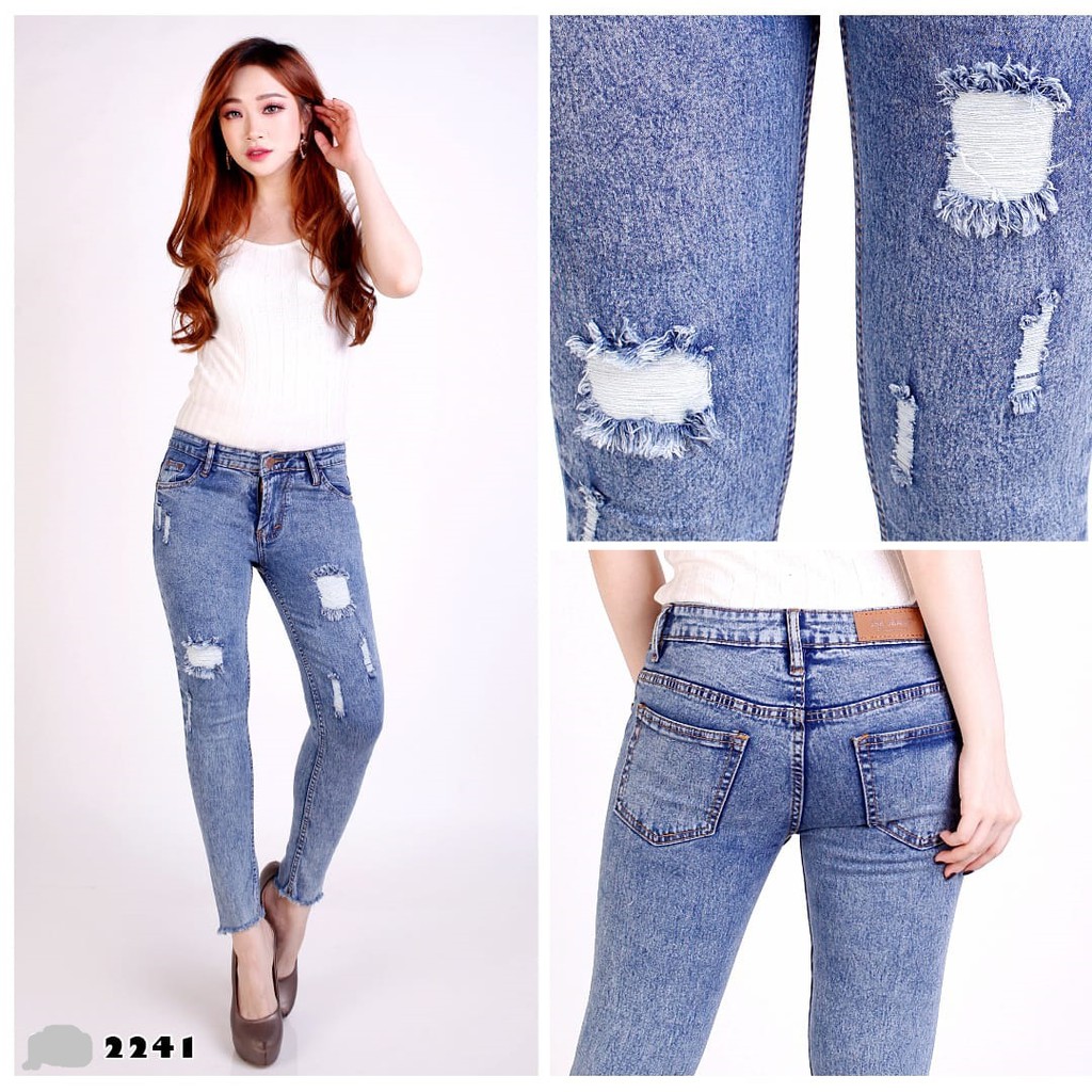 Jual Bisa Cod Celana Jeans Lepis Wanita Cewek Skinny Sobek Snow Biru