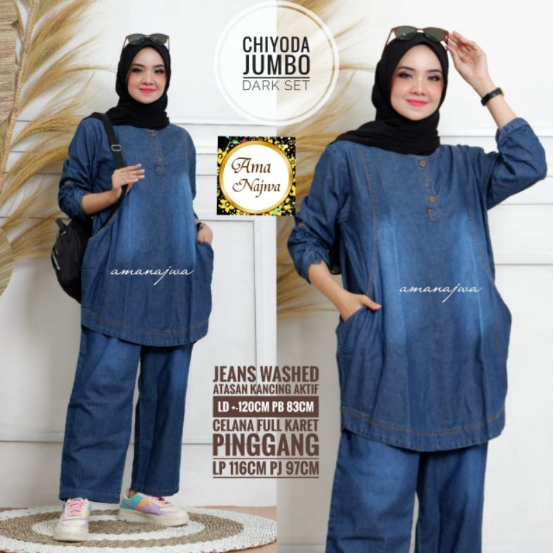 Jual Dua Chiyoda One Set Setelan Kulot Tunik Polos Jeans Ld Jumbo