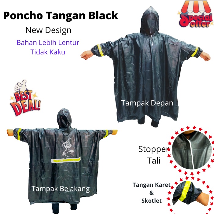 Jual Jas Hujan Model Poncho Lengan Panjang Hitam Black Tebal Scotlight