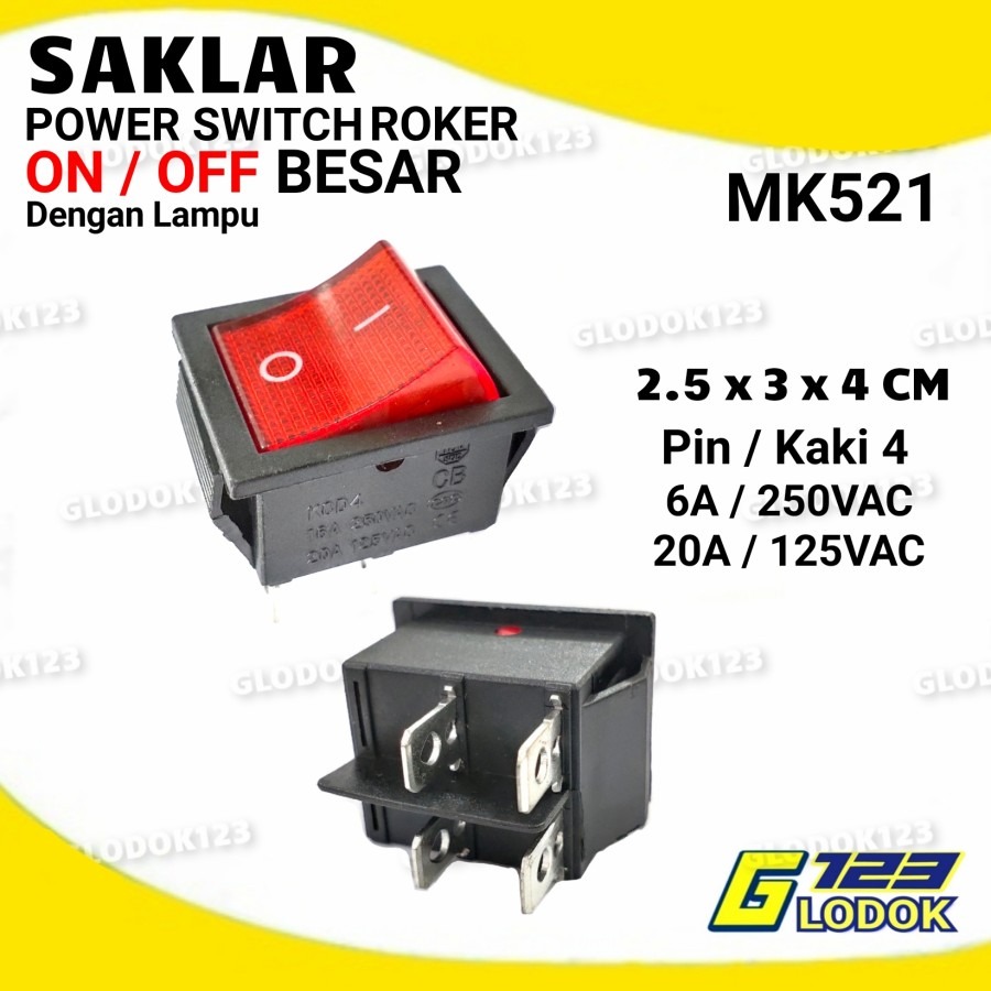 Jual Saklar Power Switch ON OFF Roker Besar 4 Pin Kaki Dengan Lampu