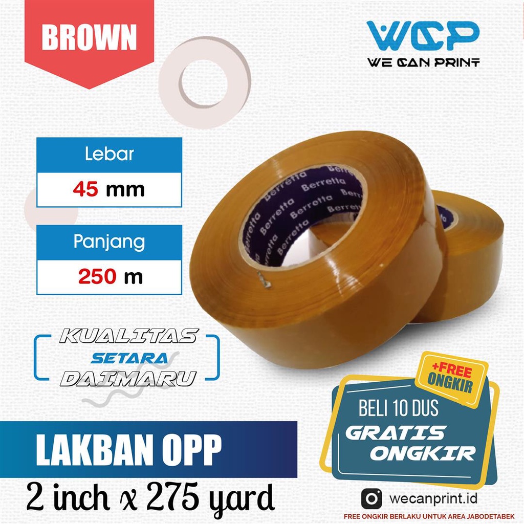 Jual Lakban Bening Coklat BERRETTA Kualitas Daimaru 2 Inch 45 Mm X