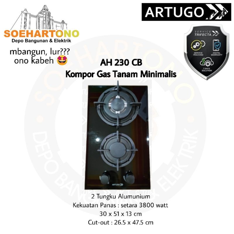 Jual Artugo AH 230 CB Kompor Gas Tanam 2 Tungku Alumunium Minimalis