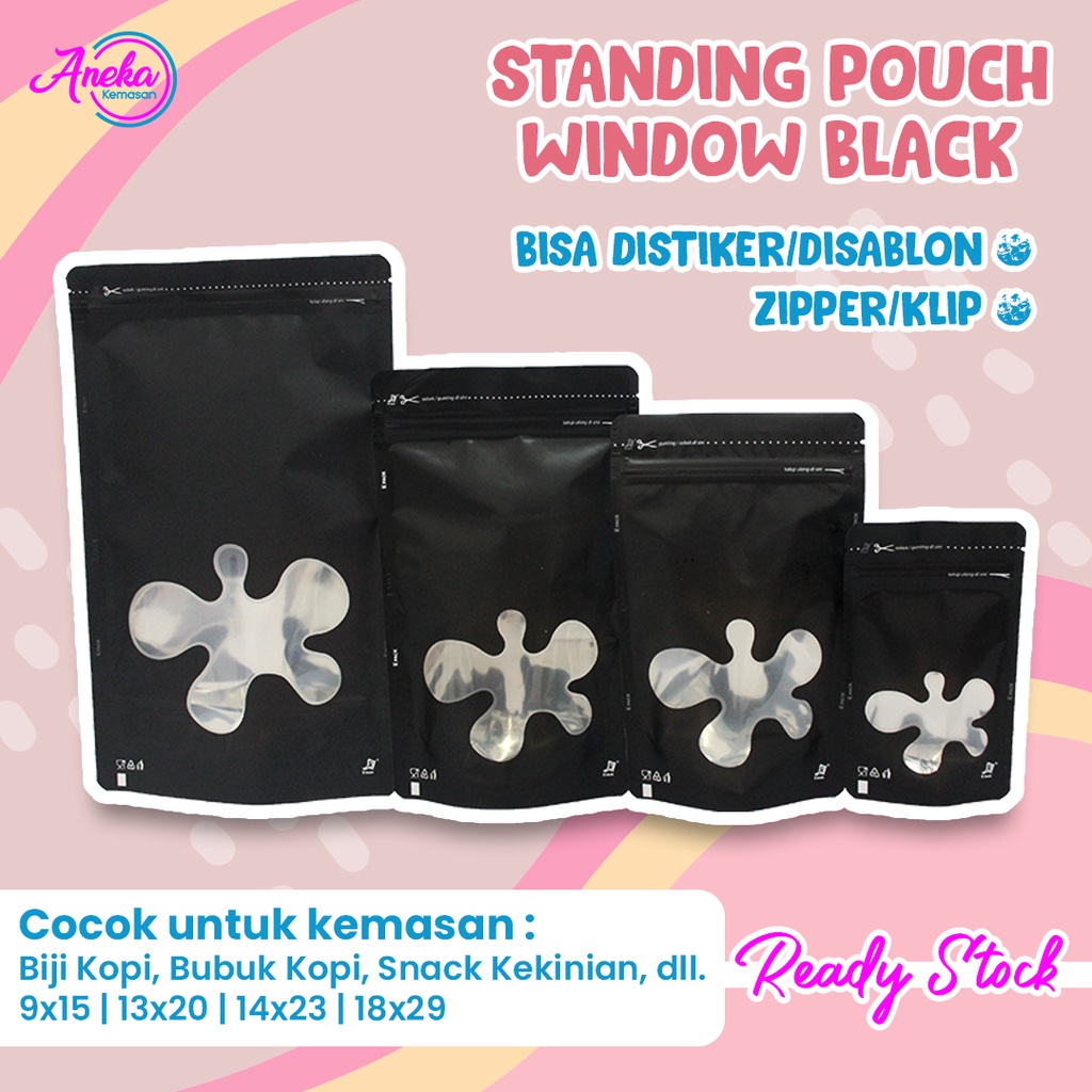 Jual 1 PACK ISI 10 PCS Standing Pouch Window Transmetz Hitam Putih