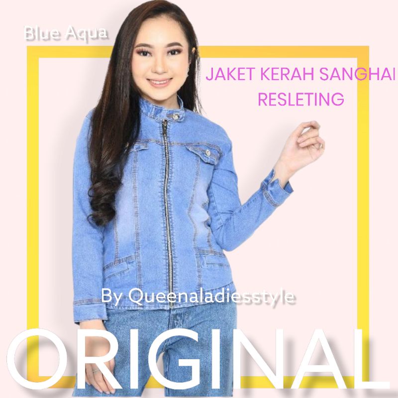 Jual NEW JAKET JEANS WANITA KERAH SANGHAI RESLETING DENIM JAKET