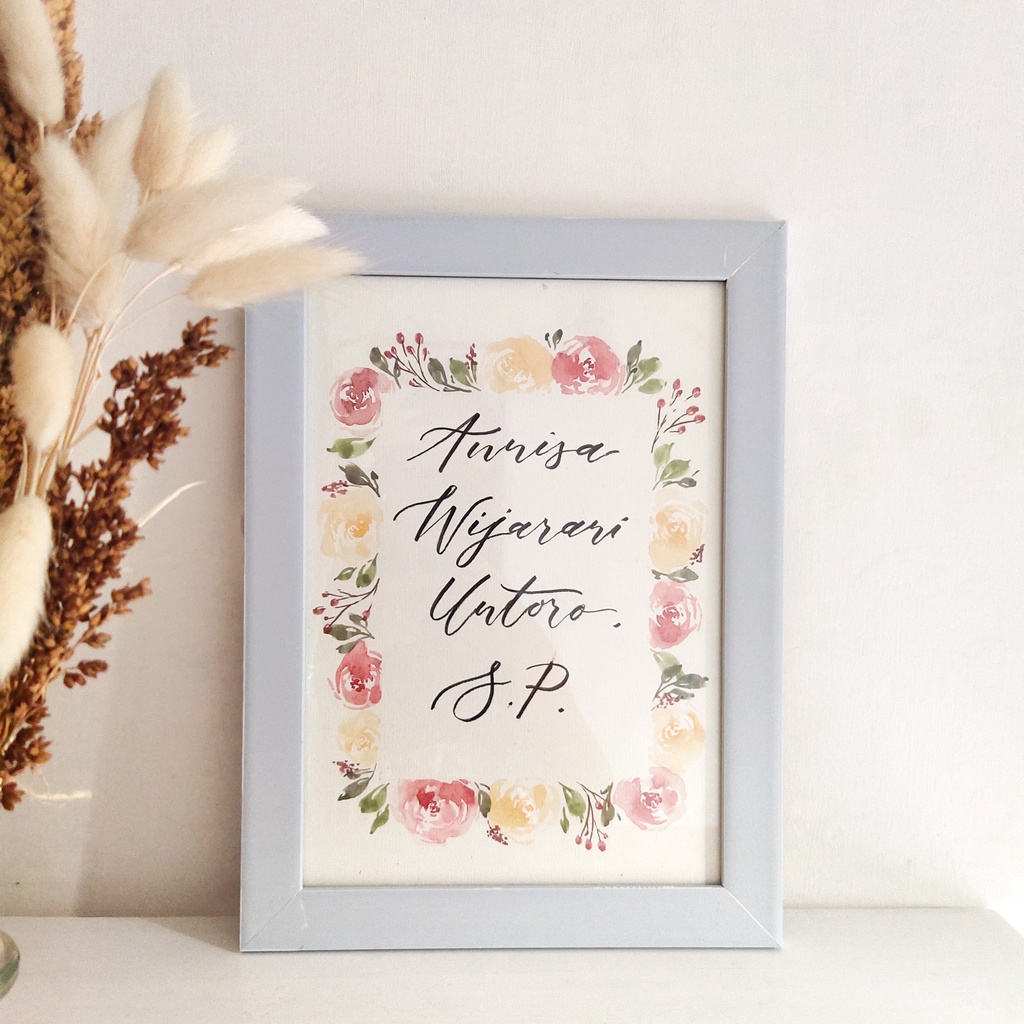 Jual Floral Watercolor Lettering Frame Putih Custom Kado Wisuda Ultah