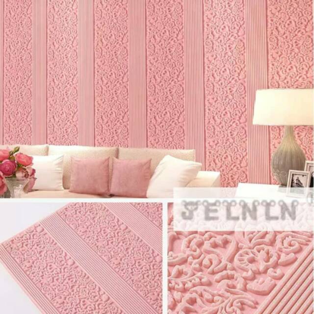 Jual Wallpaper Foam Korean Style 3D Motif Batik Garis Warna Pink