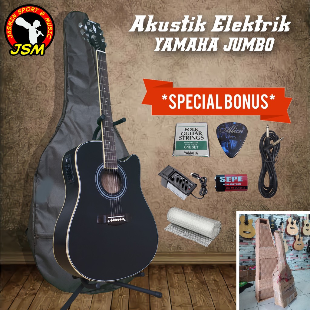 Jual Gitar Akustik Elektrik YAMAHA JUMBO BLACK DOFF KHUSUS GRAB