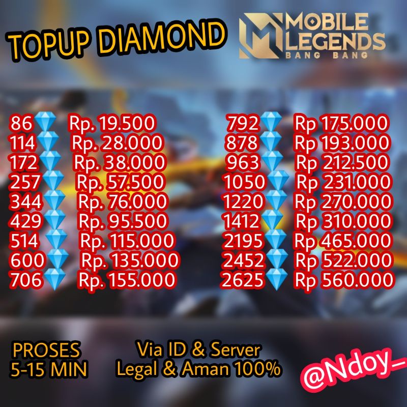 Jual TOPUP DIAMOND MOBILE LEGENDS MLBB FAST TOP UP DM ML MOBILE LEGEND