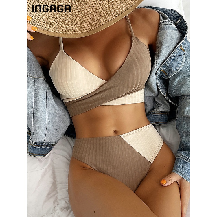 Jual PREORDER INGAGA Cross Wrap Bikini Patchwork Swimwear Ribbed Womens