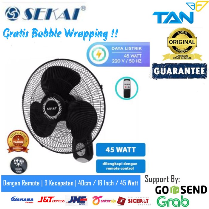 Jual SEKAI Kipas Angin Wall Fan WFN 1628 With Remote Control Hitam