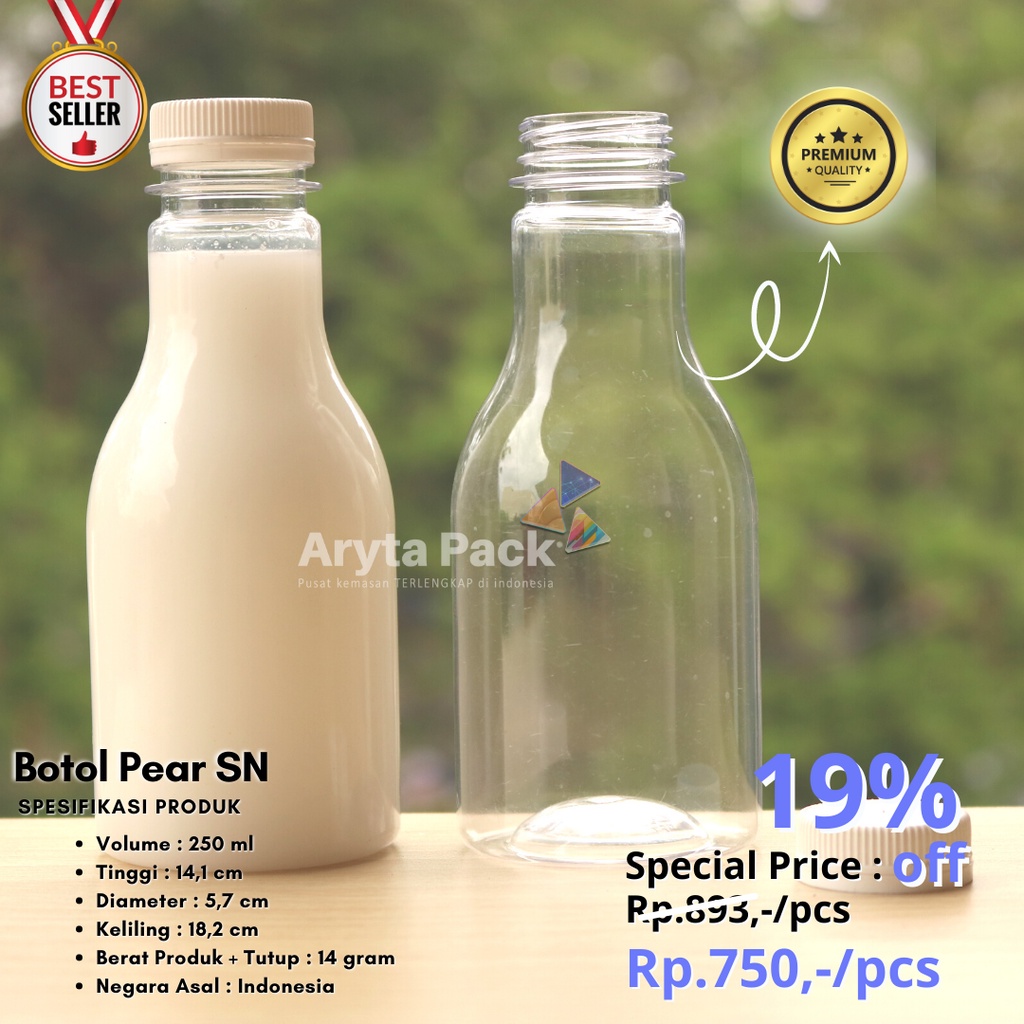 Jual Botol Plastik PET 250ml Pir Pear Minuman Jus Susu Kopi Tutup SN