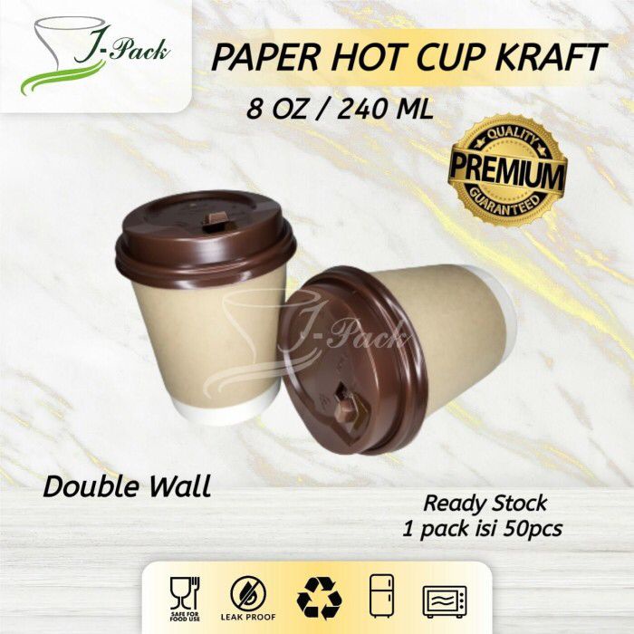 Jual Paper Hot Cup Double Wall 8 OZ Natural Kraft TUTUP 50pcs