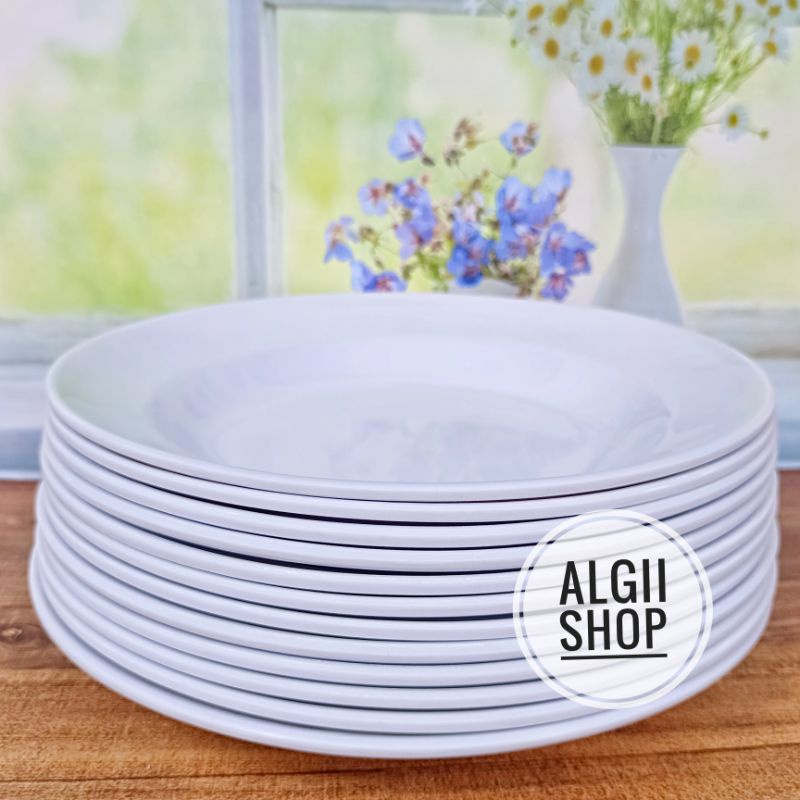 Jual PROMO 1 2LUSIN PIRING MAKAN MELAMINE 23CM PUTIH POLOS TEBAL DAN