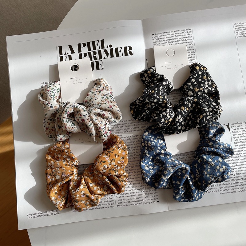 Jual Scrunchie Summer Kain Motif Bunga Retro Scrunchies Warna Polos