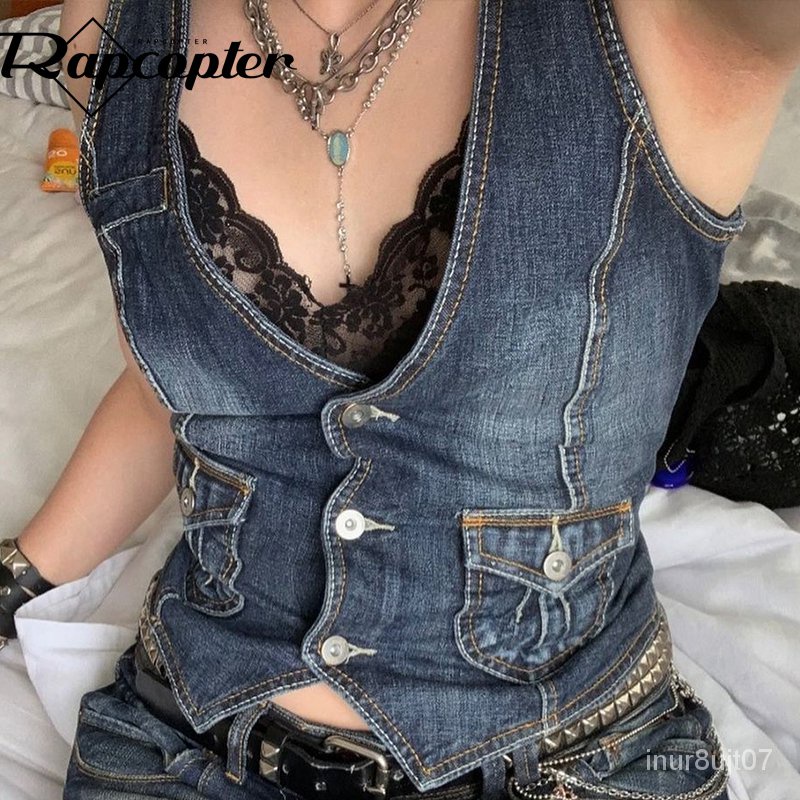 Jual Rapcopter Y2K Pockets Jeans Corset Top Button V Neck Cargo Retro