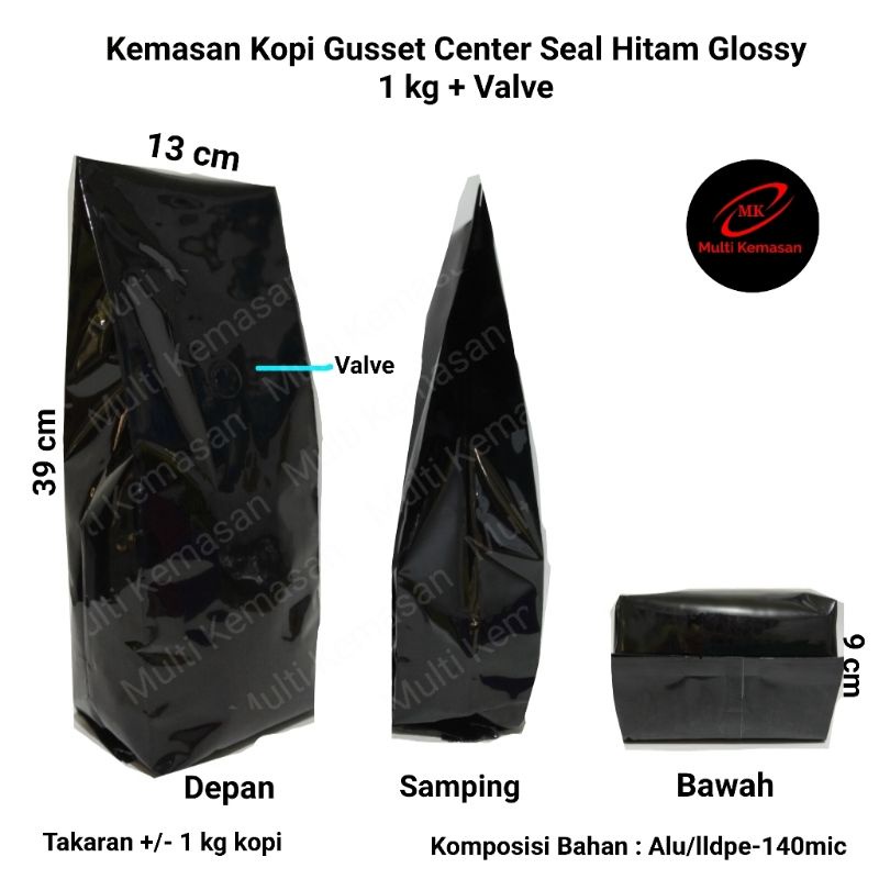 Jual Kemasan Kopi Gusset Centre Seal Hitam Glossy Kg Valve Kemasan