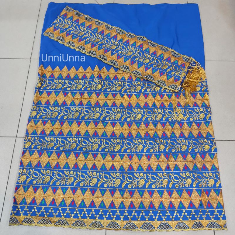 Jual Tapis Bordir Bunga Lonceng 3 Tingkat Kain Etnik Biru Songket Khas