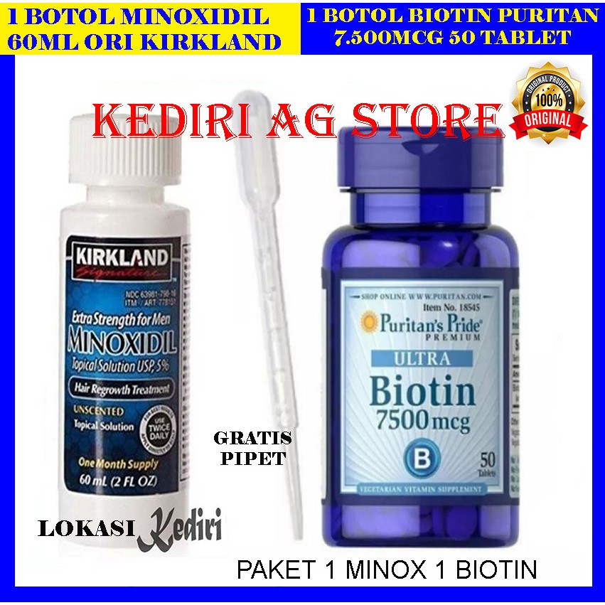 Jual Paket 1 Minoxidil Kirkland 60ml Dan 1 Botol Biotin 7500mcg Isi 50