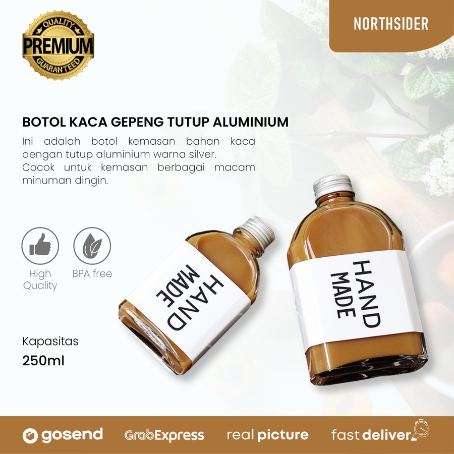 Jual BOTOL KACA GEPENG 250ML TUTUP ALUMINIUM G 250 KEMASAN KOPI SUSU