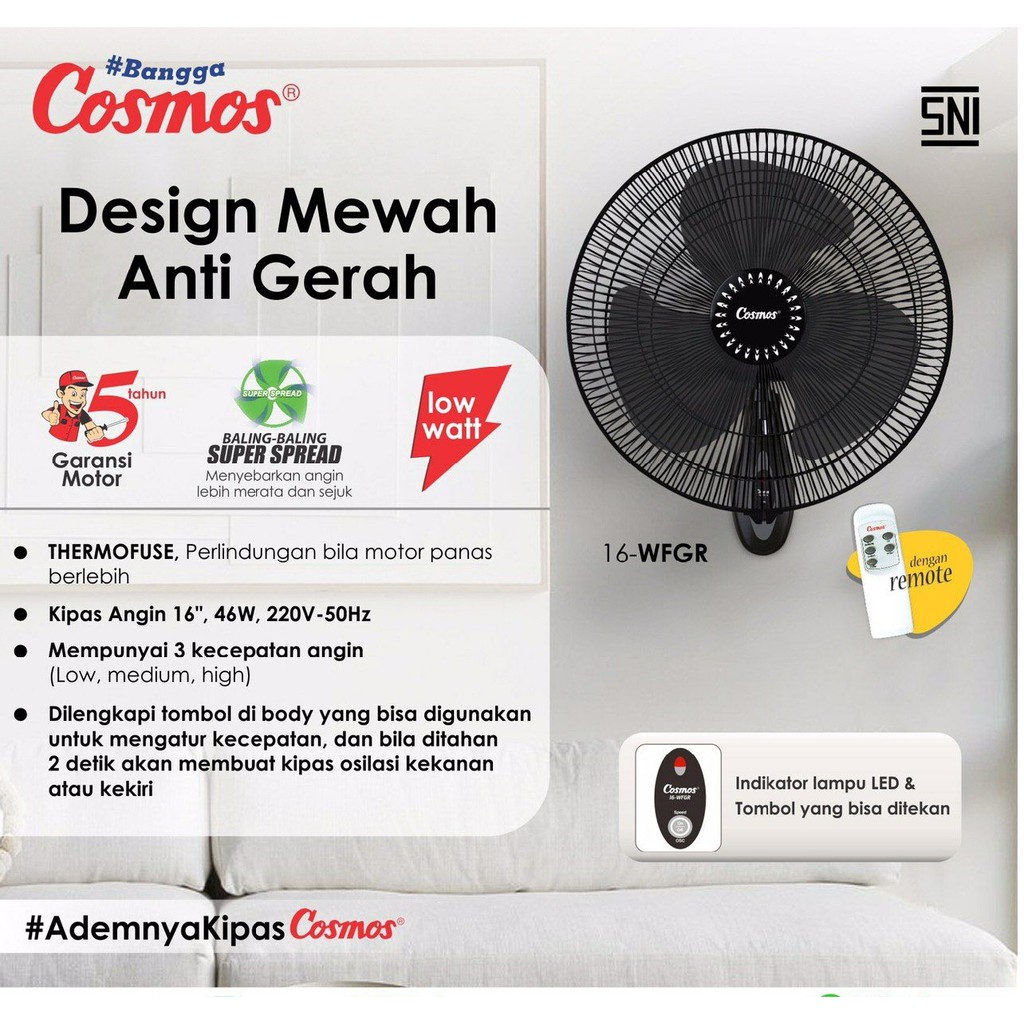 Jual Wallfan Kipas Angin Dinding COSMOS 16 WFGR Remote Wall Fan