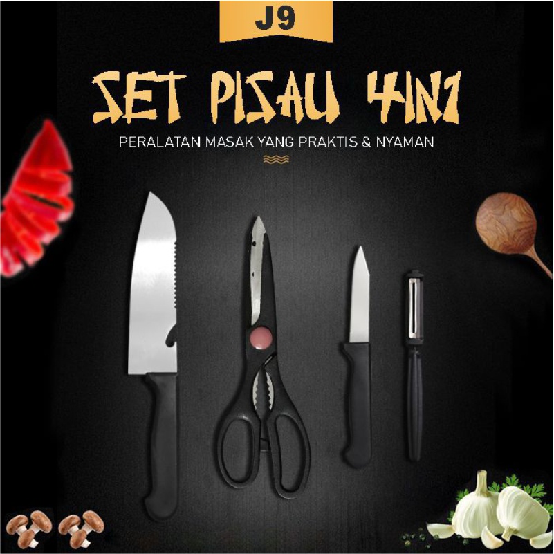 Jual Pisau Set Dapur Alat Dapur Murah J9 4IN1 Set Lengkap Bahan