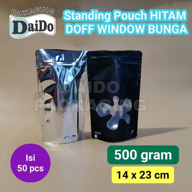 Jual Standing Pouch HITAM Kombinasi Window Jendela 14x23cm 500gr Stand