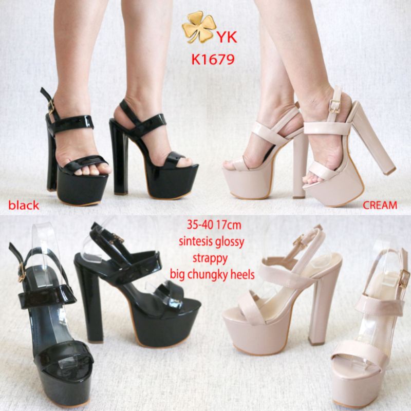 Jual YKshoes 1679 Heels 17cm Strappy Black Cream Heels Big Chunky Kotak