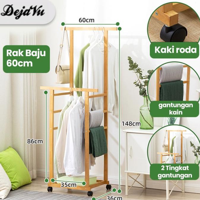 Jual Dejavu Rak Gantungan Baju Kayu Rak Jemuran Stand Hanger Roda