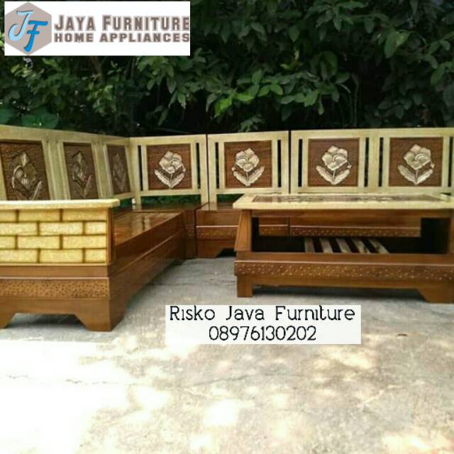 Jual Kursi Tamu Dan Meja Tamu Sudut Piramid Kayu Jati Motif Bunga