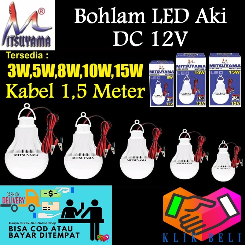 Jual Lampu Bohlam DC 12V Bohlam Aki Jepit Baterai LED Putih Mitsuyama