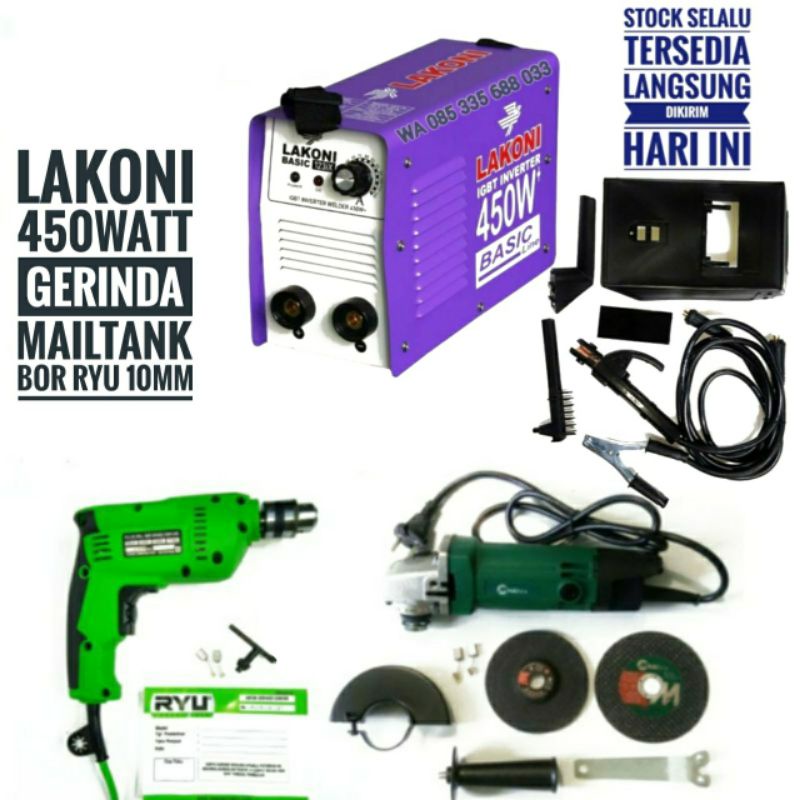 Jual Paket Las Lakoni 450wat Gerinda Mailtank Dan Bor Ryu 10mm Shopee