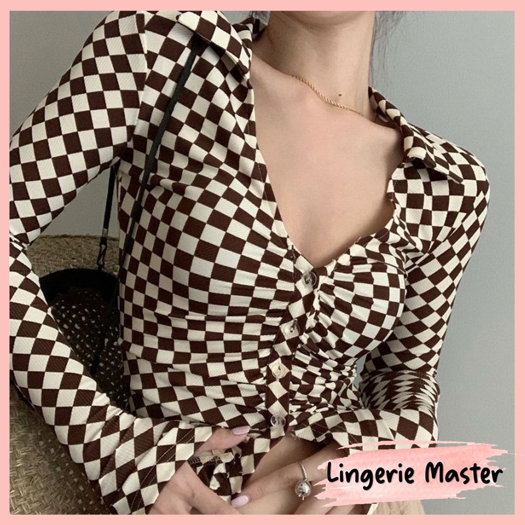 Jual Lingerie Master T Women Retro Checkerboard Long Sleeve