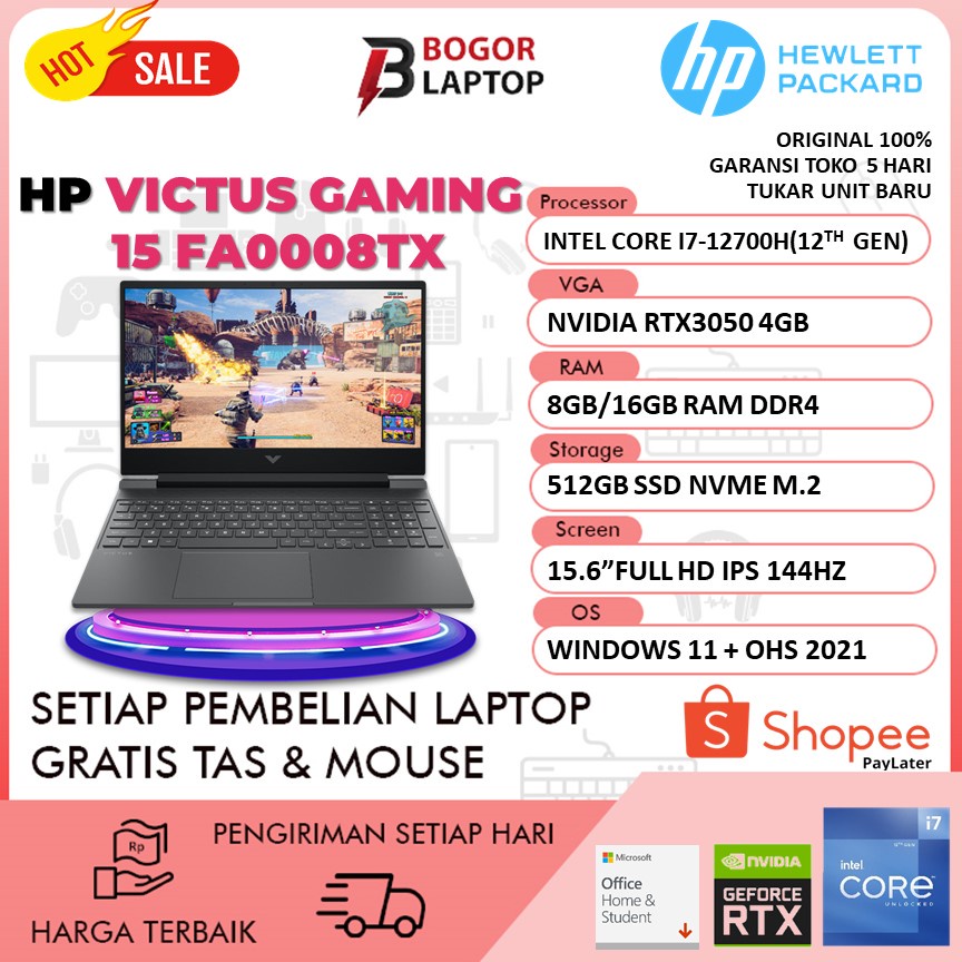 Jual HP VICTUS GAMING 15 FA0008TX RTX3050 4GB I7 12700H 8GB 512SSD W11