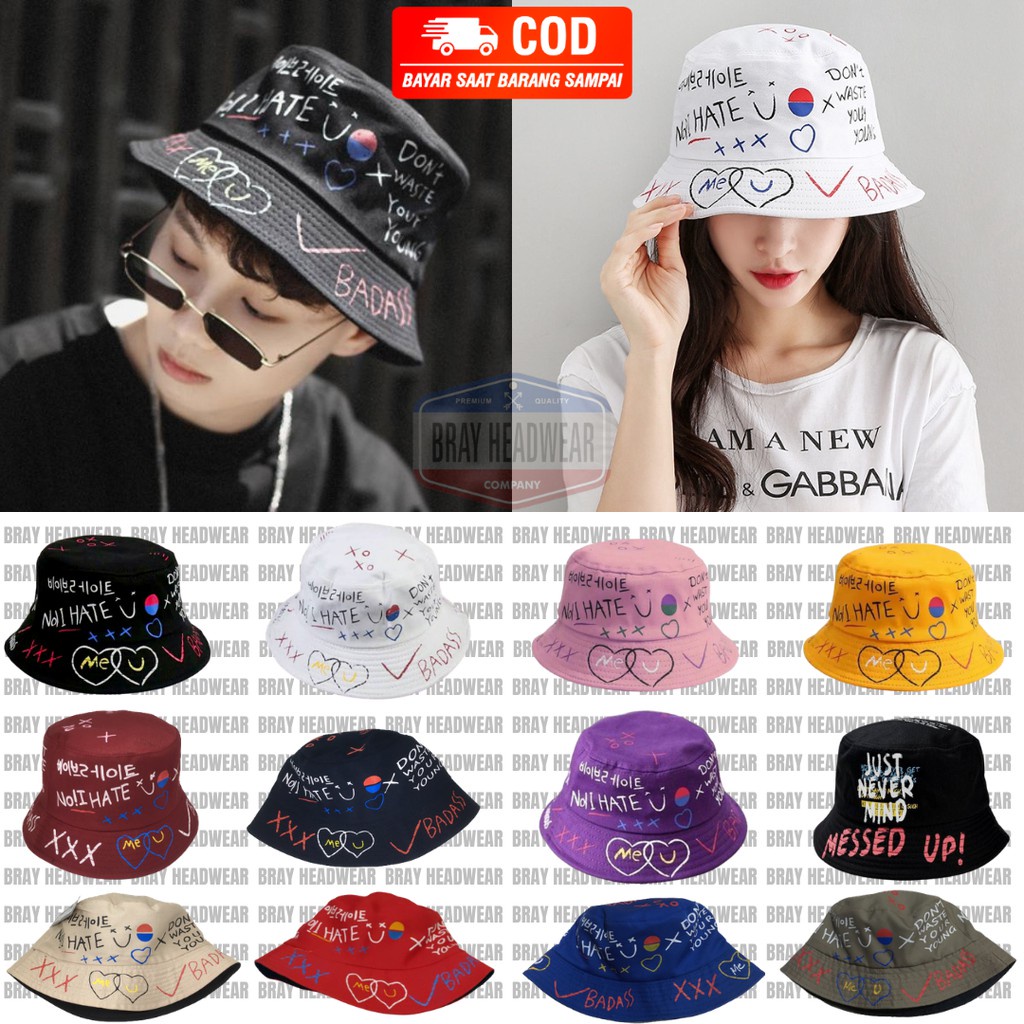 Jual Topi Bucket Pria Wanita Kpop Bolak Balik Motif Sablon Badas