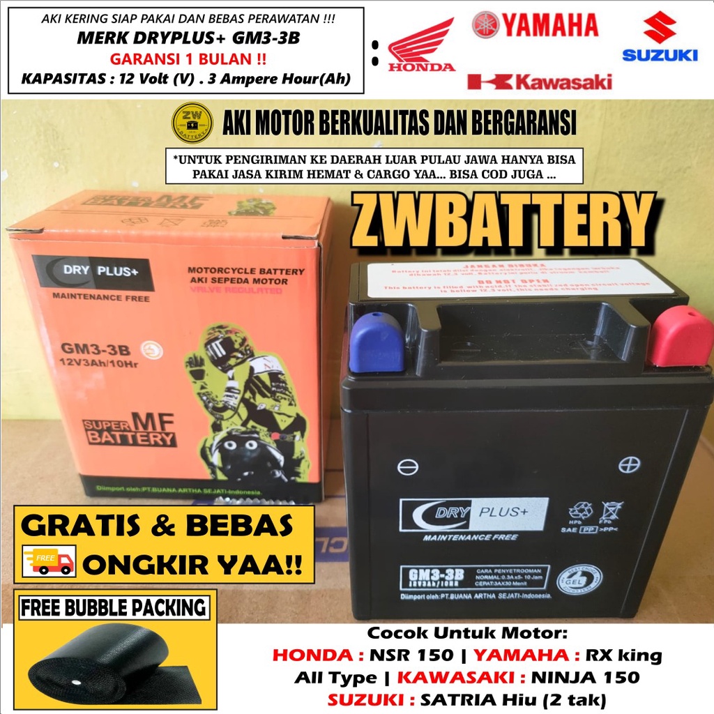 Jual AKI MOTOR RX KING NINJA R 2 TAK GM3 3B MTX3L DRYPLUS GEL