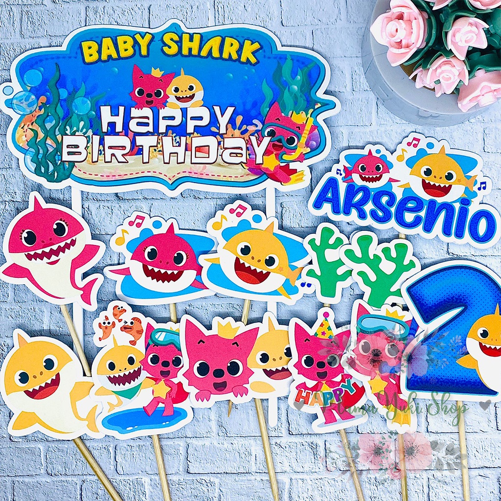 Jual Topper Cake Hiasan Kue Ulang Tahun Motif Baby Shark Kustom Nama