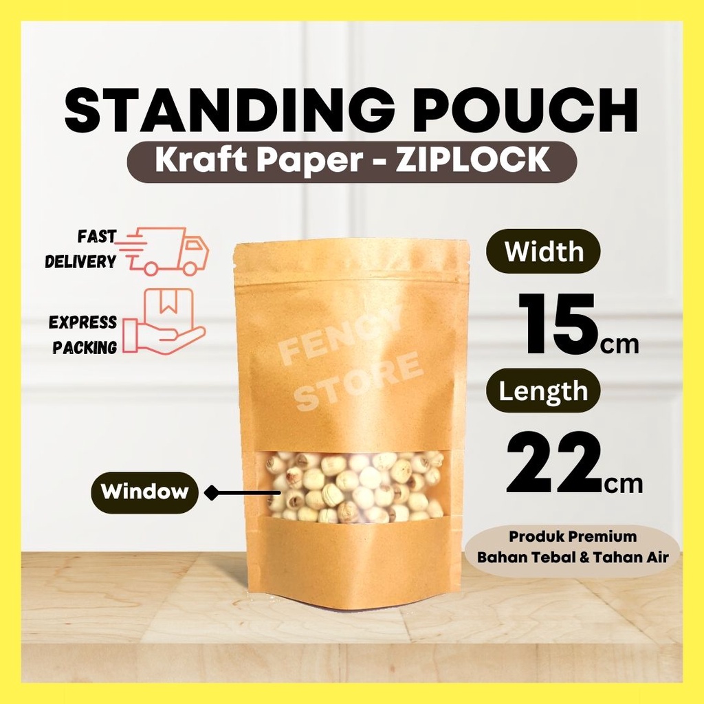 Jual Termurah Premium Standing Pouch Window Kraft Plastik Klip