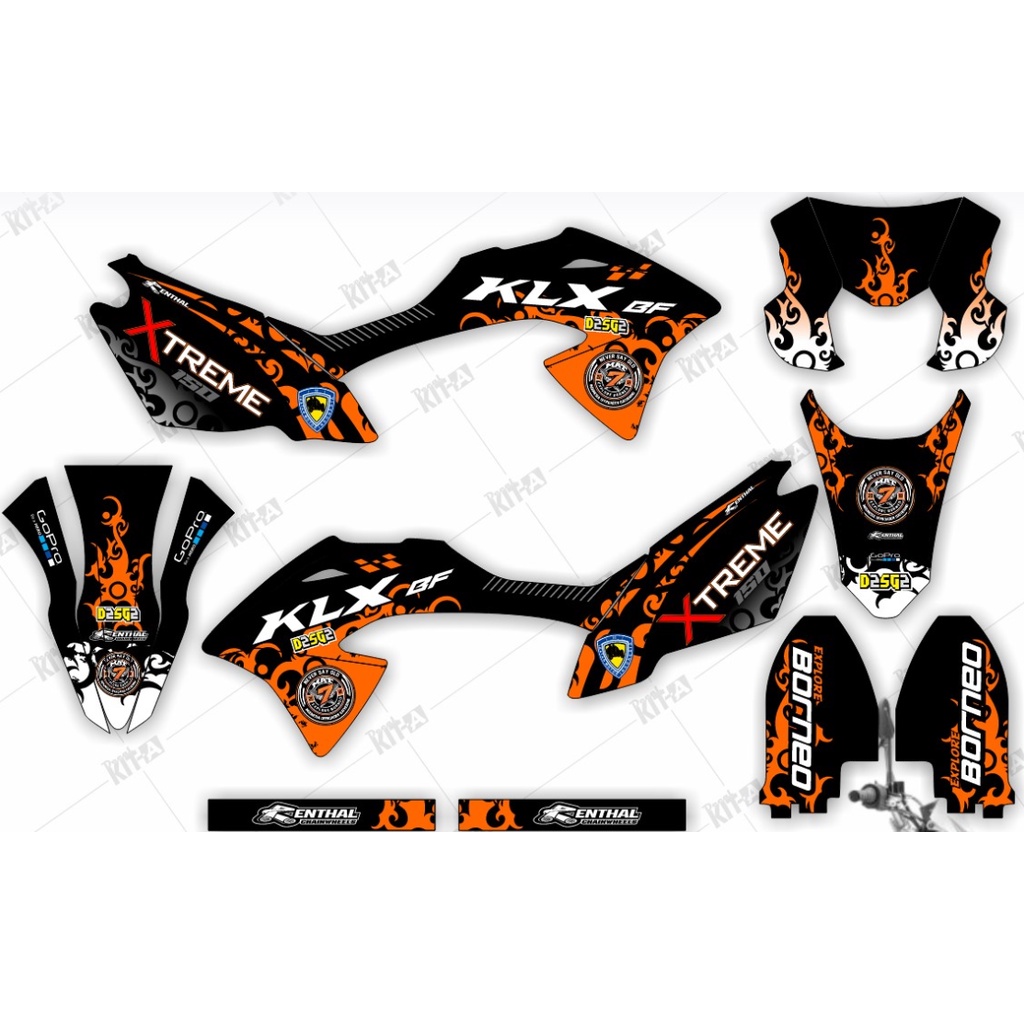 Jual Decal Stiker Motor KLX BF 150 Motif Tribal Dayak Orange Dekal