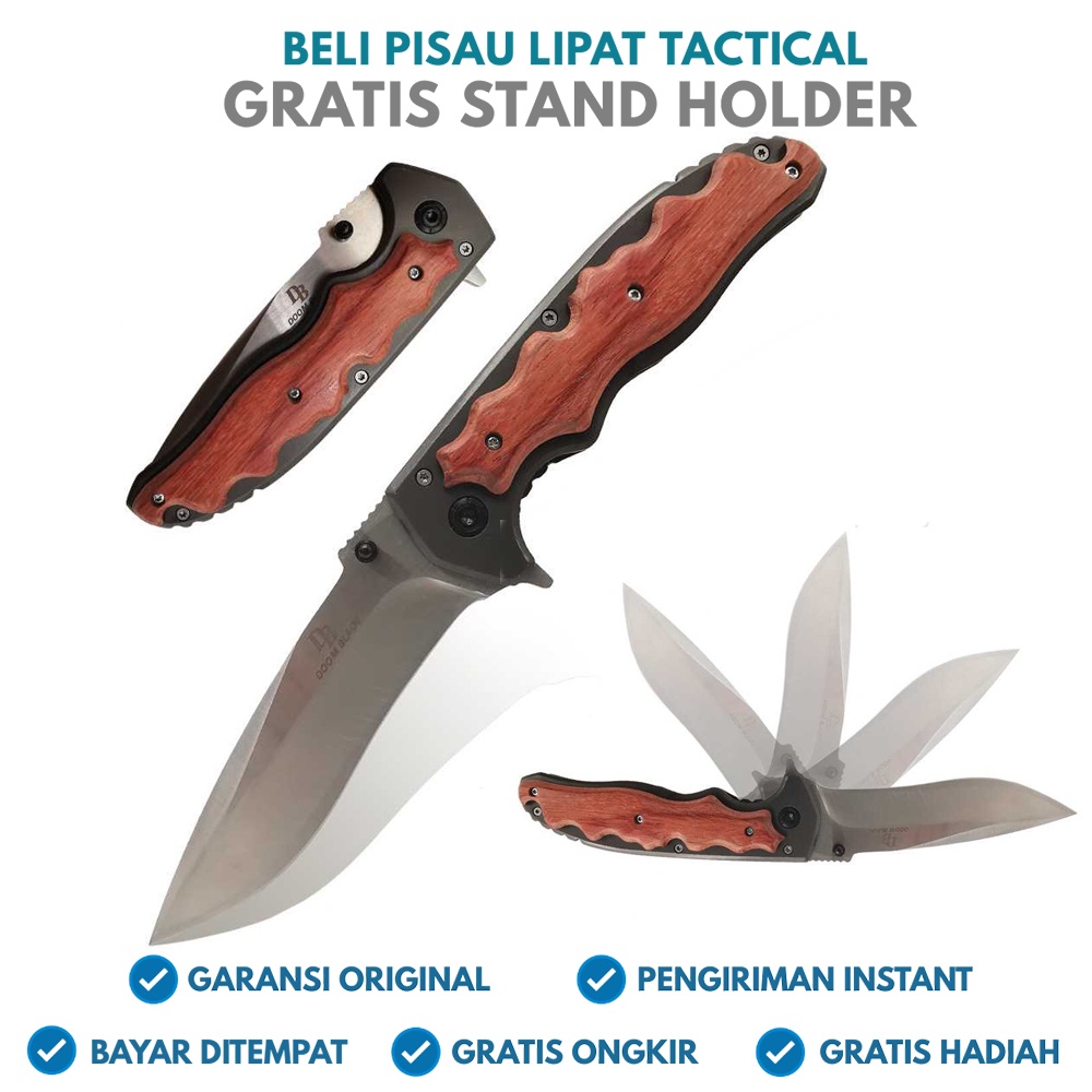 Jual Pisau Tactical Lipat Beburu Super Tajam Gagang Kayu Pisau Camping