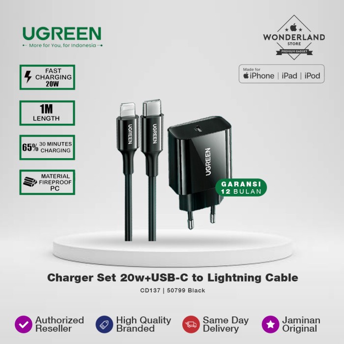 Jual Ugreen Pd Fast Charger Set 20W Usb C To Lightning Cable Mfi Cd137