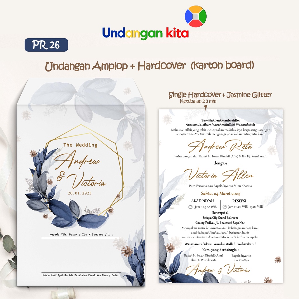 Jual Undangan Kita Undangan Amplop Potrait Single Hardcover Bahan