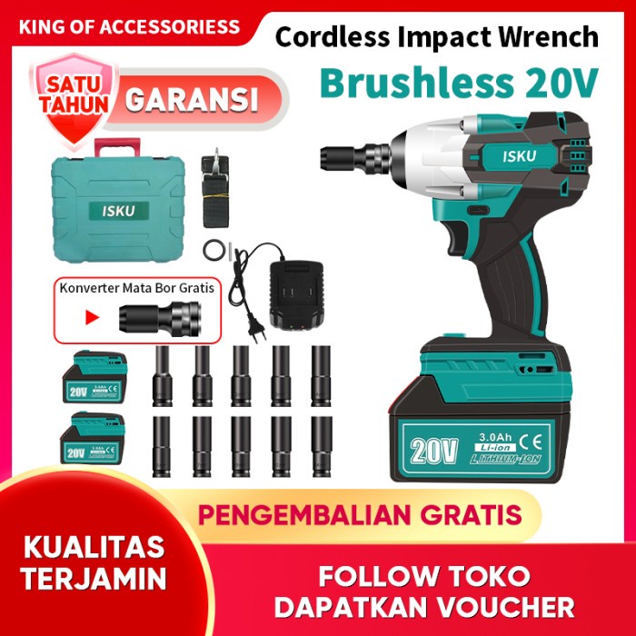 Jual Produk Terbaru 20V Cordless Impact Wrench Brushless Bor Buka Baut